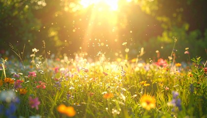 
Sun-dappled enchanted meadow with vibrant wildflowers swaying gently, hidden sparkles floating in warm breeze, dreamlike serenity