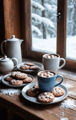 Hot Cocoa and Freshly Baked Cookies on a Cozy Wooden Table by a Snowy Window.