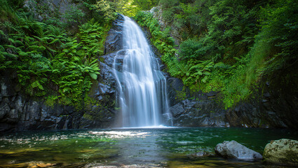 A majestic mountain waterfall cascading down rocky cliffs into a crystal-clear pool below, surrounded by lush greenery and mist rising from the water.