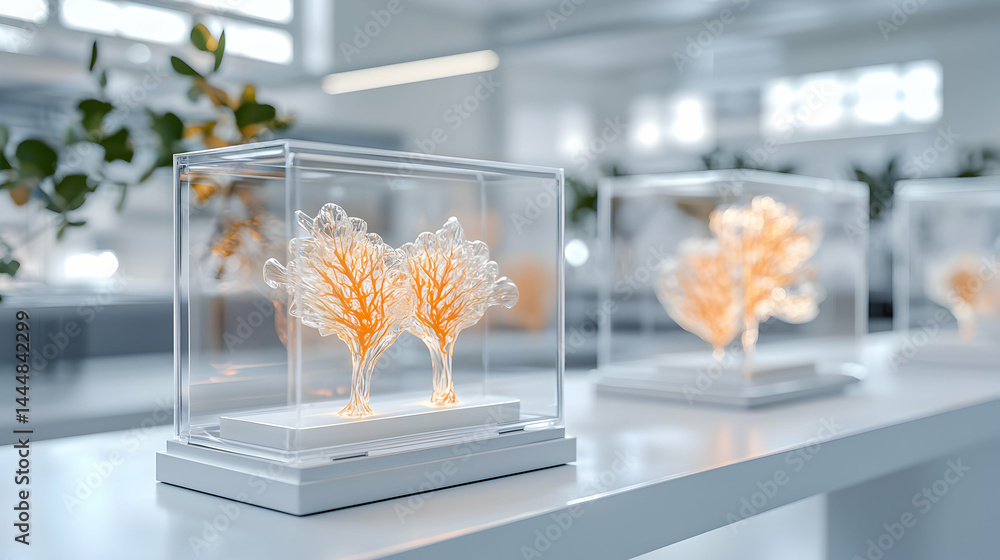 Poster artistic display featuring glass tree sculptures inside transparent cases. ideal for modern gallery 