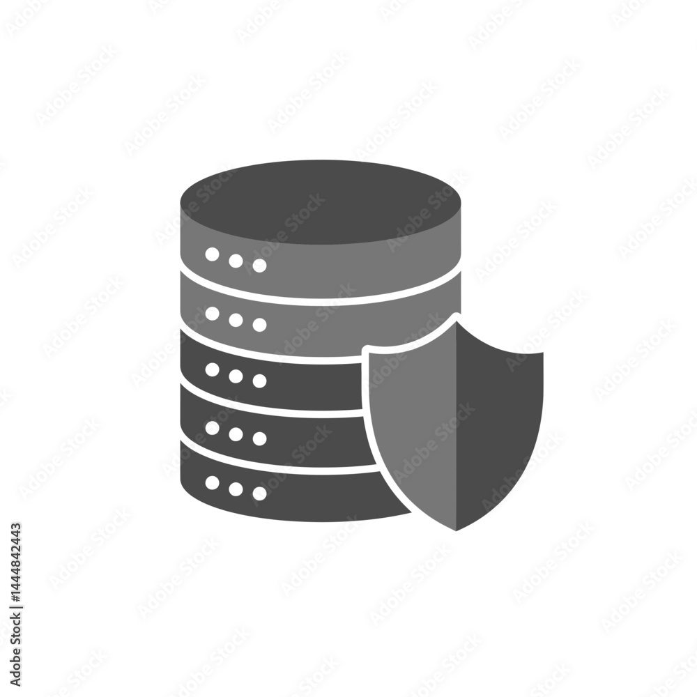 Poster data security: a digital image of a server stack guarded by a shield, a visual representation of dat