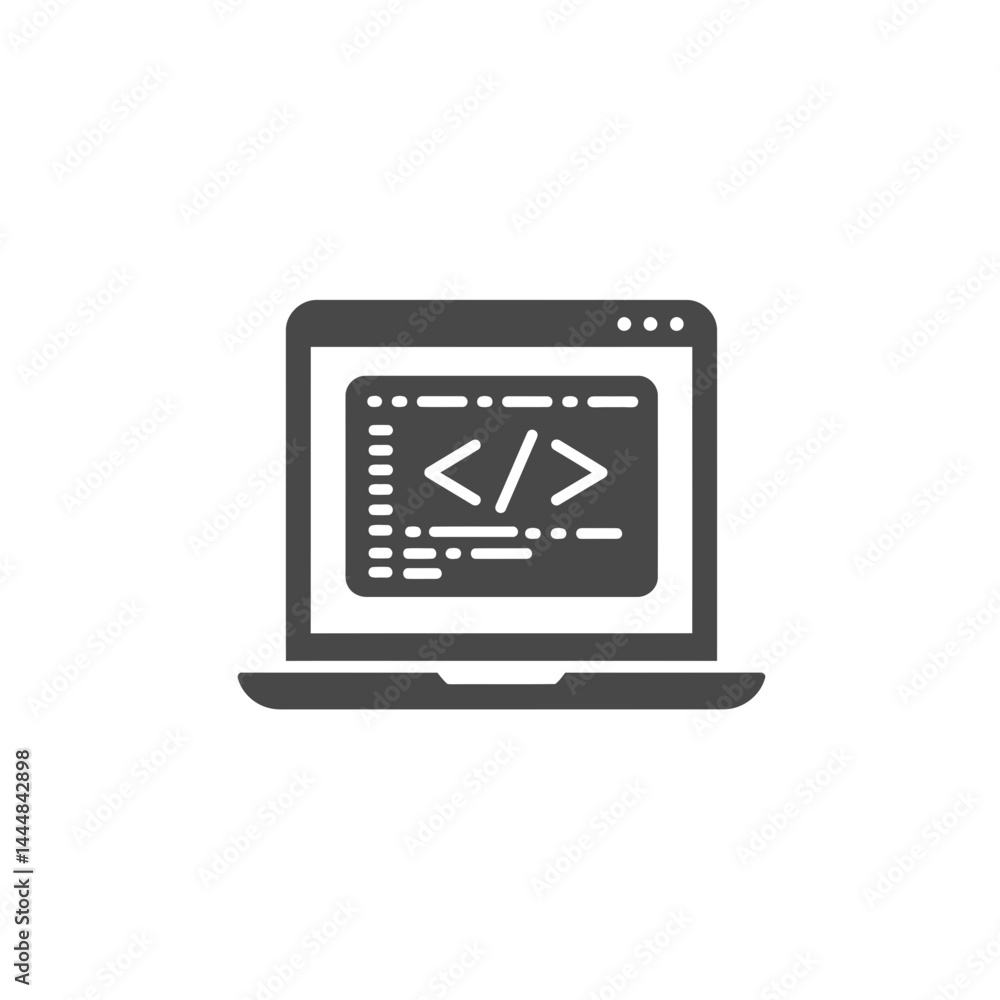 Poster code symphony on screen: a minimalist rendering of a laptop, its screen ablaze with a symphony of pr