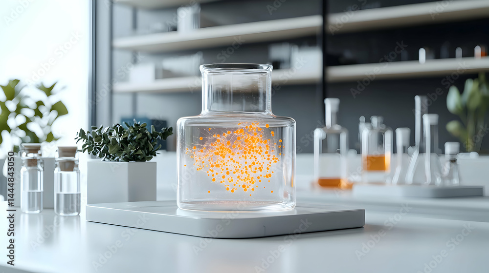 Aufkleber a lab setup with a glass container holding orange particles. perfect for science projects or creatin