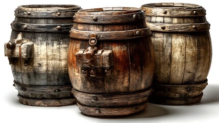 Fototapeta premium Three aged wooden barrels with metal bands and aged textures stand on a white background showcasing rustic charm and vintage appeal.