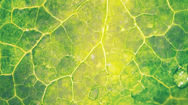 Abstract close-up of vibrant green leaf texture showcasing intricate patterns of veins and cells, highlighting nature's beauty and complexity in organic structures.