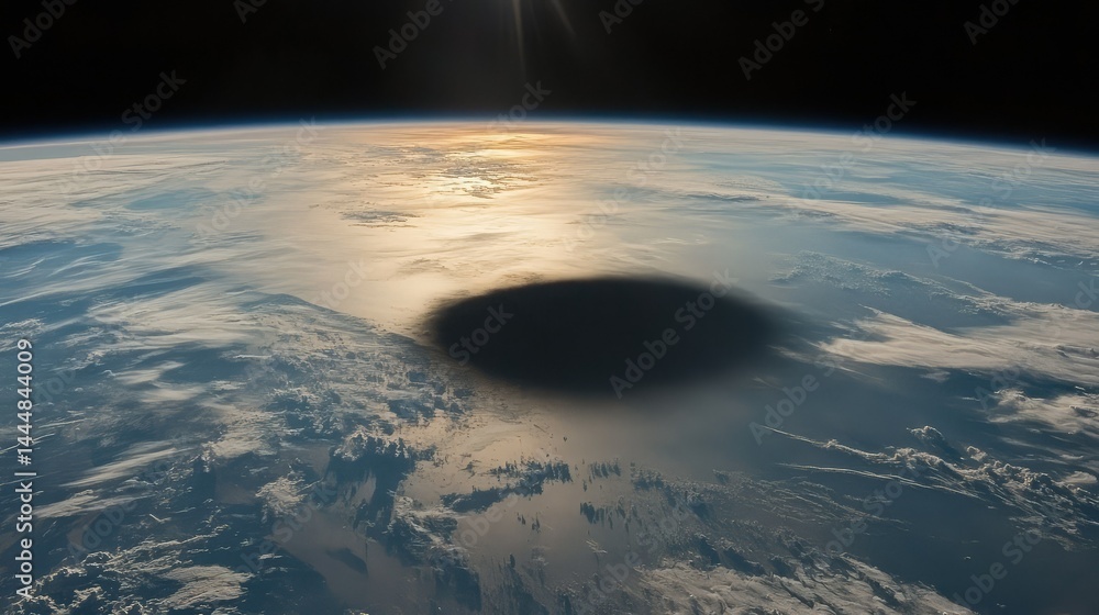 Poster stunning view of earth's atmosphere with shadow effect suggesting a celestial event or eclipse below