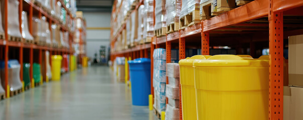 Warehouse aisle with shelves and yellow bins, organized and clean
