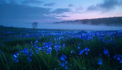 Lush enchanted meadow blanketed with glowing bluebells under twilight sky, mist curling low across velvet grass, mystical landscape