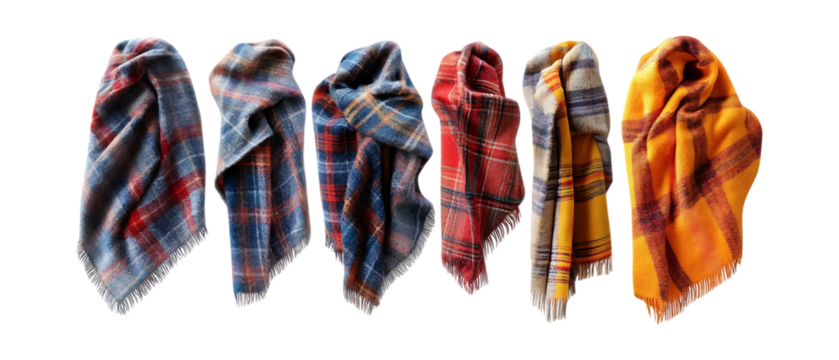 Pack of Plaid Wool Blankets in Five Different Poses Against Transparent Background for Textile Branding, Cozy Decor, or Winter Lifestyle Projects