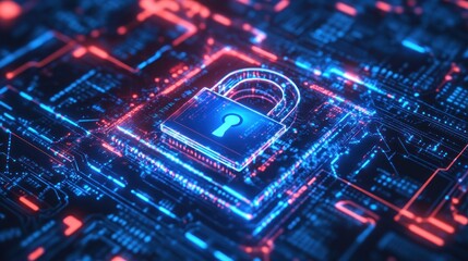 Fototapeta premium Digital lock on circuit board. Secure data