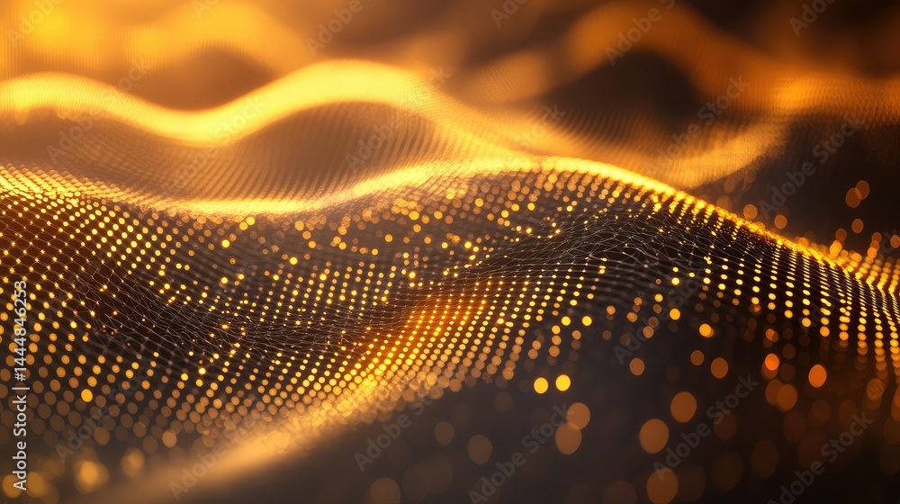 Poster abstract golden wave of illuminated particles creating a shimmering texture on a dark background, re