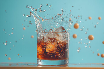 Refreshing Iced Cola into a Glass with Splash on Light Blue Background