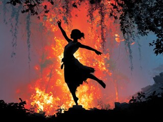 Silhouette of a dancer amidst a vibrant bonfire.