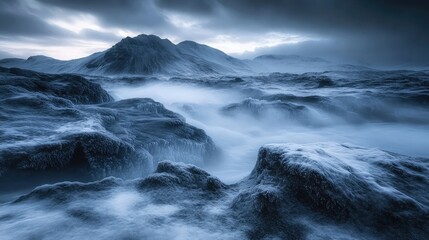 Fototapeta premium Serene and Mysterious Landscape with Soft Mist Over Jagged Rocks under Dramatic Cloudy Sky, Evoking a Sense of Tranquility and Nature's Majesty in Early Morning Light