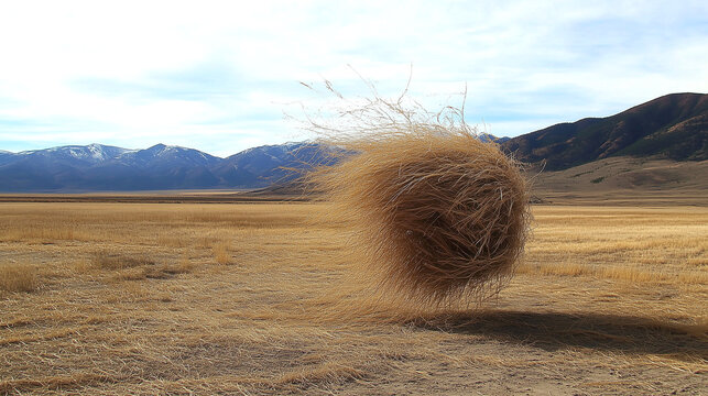 Tumbleweed rolling in a dry landscape with mountains in the background