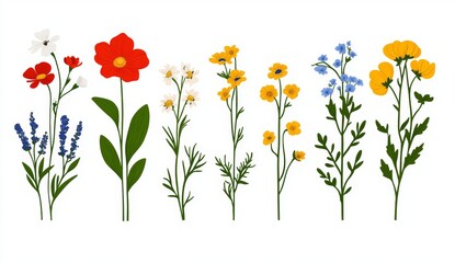 Modern flowers are depicted in geometric and flat style designs that incorporate folk motifs and showcase bright and colorful blooms