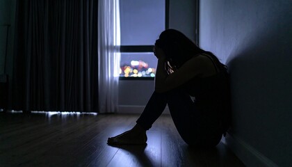 Point of view from afar abused woman sit crying at the conner of room at dark.