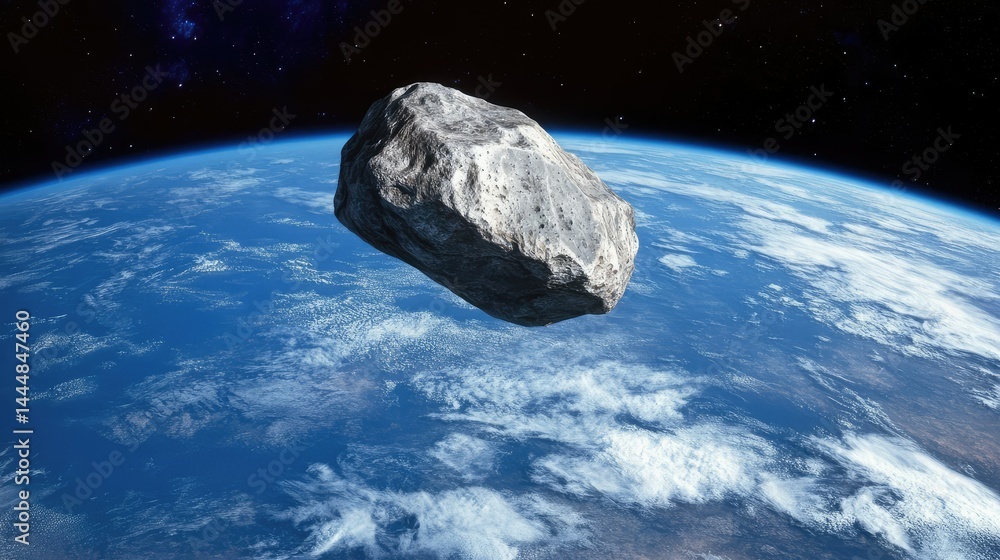 Poster stunning high-resolution image of an asteroid approaching earth with blue planet and clouds visible 