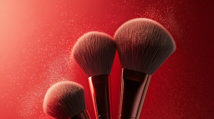 red makeup brushes with powder on a red background