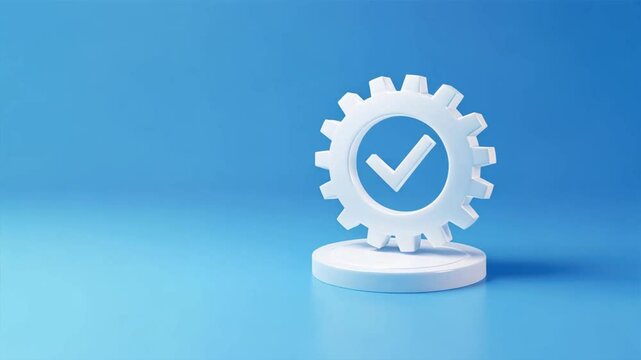 A 3D white gear icon with a checkmark on a blue background, symbolizing quality control and efficiency in an industrial Manufacturing Execution System