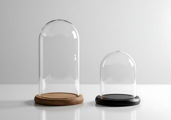 Two glass cloches with wooden bases on a table