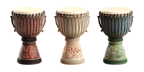 Set of Three Djembe Drum Poses on Transparent Background for Music Education, African Culture Art, or Performance Design
