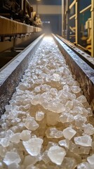 Calcite crystals being processed for paper production showcase the raw material and intricate industrial equipment used in the facility. This setting highlights the manufacturing process