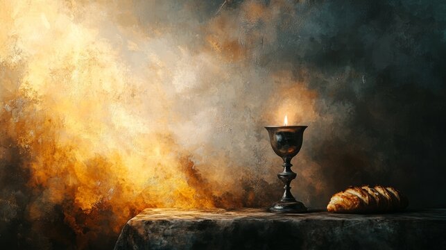 The concept of Christian communion is illustrated by a painting of bread and a silver chalice of wine, symbolizing a reminder of Jesus' sacrifice