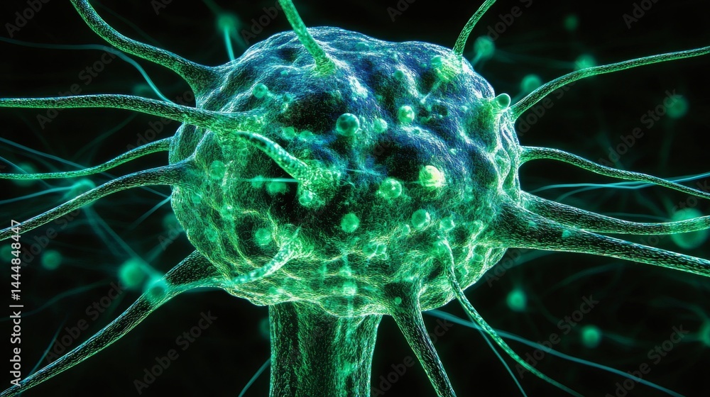 Poster the illustration presents a futuristic tech environment characterized by an abstract emerald green b