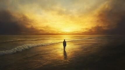 Fototapeta premium Serene Sunset Over Calm Ocean with Lone Walker Silhouetted Against Vibrant Sky, Capturing the Essence of Tranquility and Reflection in Nature's Beauty