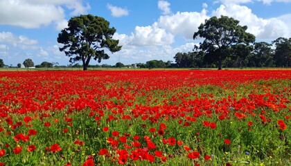 Fototapeta premium Remembrance poppies create vibrant carpet in peaceful landscape for anzac day