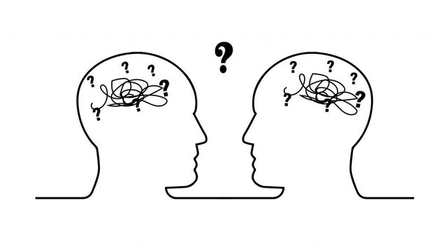 Human two heads silhouette with busy bad brain with chaos tangled line. Overthinking, Mental Health, sharing idea, brainstorming, thinking. Vector graphic animation concept