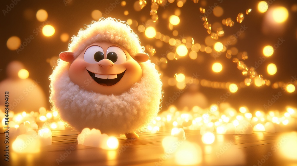 Poster cute cartoon sheep with fluffy wool and warm expression in colorful illustration made with generativ