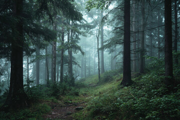 Obraz premium realistic photo of a misty forest in early morning light, atmospheric nature scene