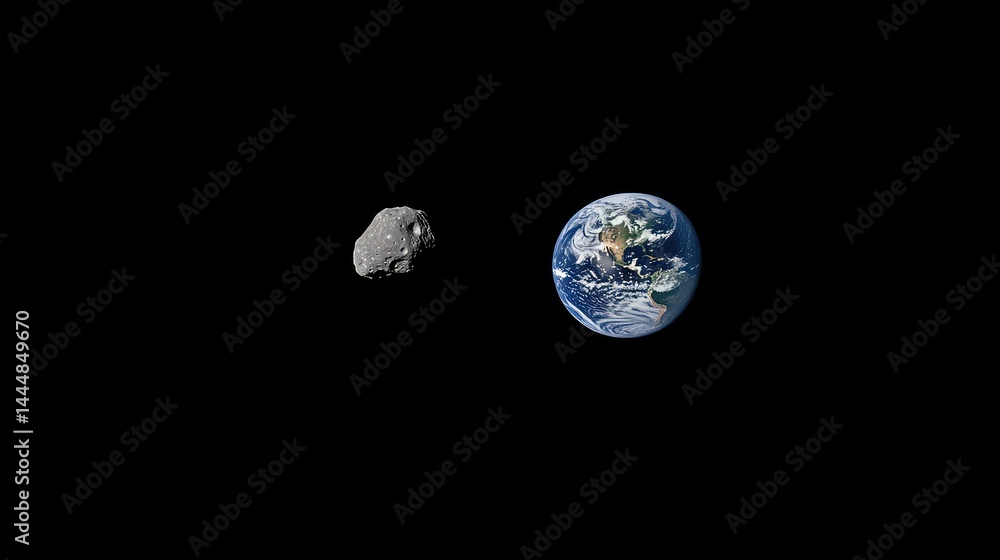 Poster close encounter between earth and asteroid in dark space, highlighting the vastness of the universe 