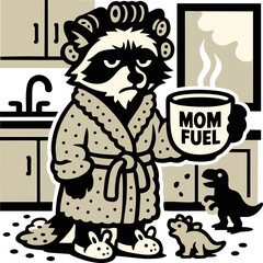 A Tired Raccoon Dressed As A Mom Holding A Mom Fuel Mug In A Cartoon Style Kitchen