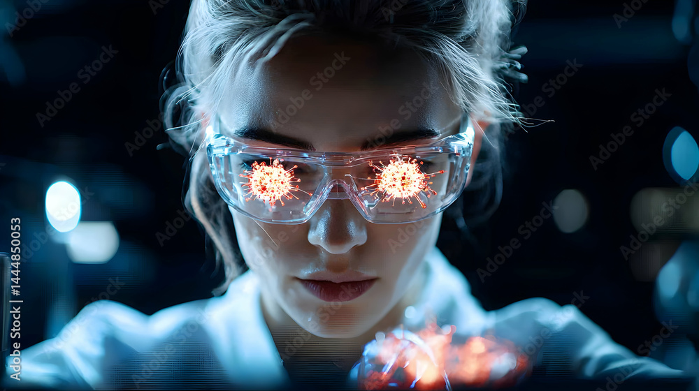 Poster a scientist peers through goggles seeing a virus. the image is moody futuristic and focused on scien
