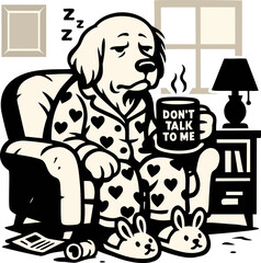 Sleepy Dog In Pajamas Sits With A Coffee Mug In A Cartoon Style Illustration Depiction