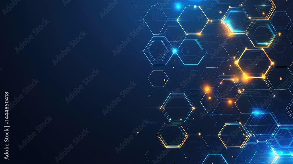 Poster abstract technology background with hexagonal shapes glowing in blue and orange, perfect for science