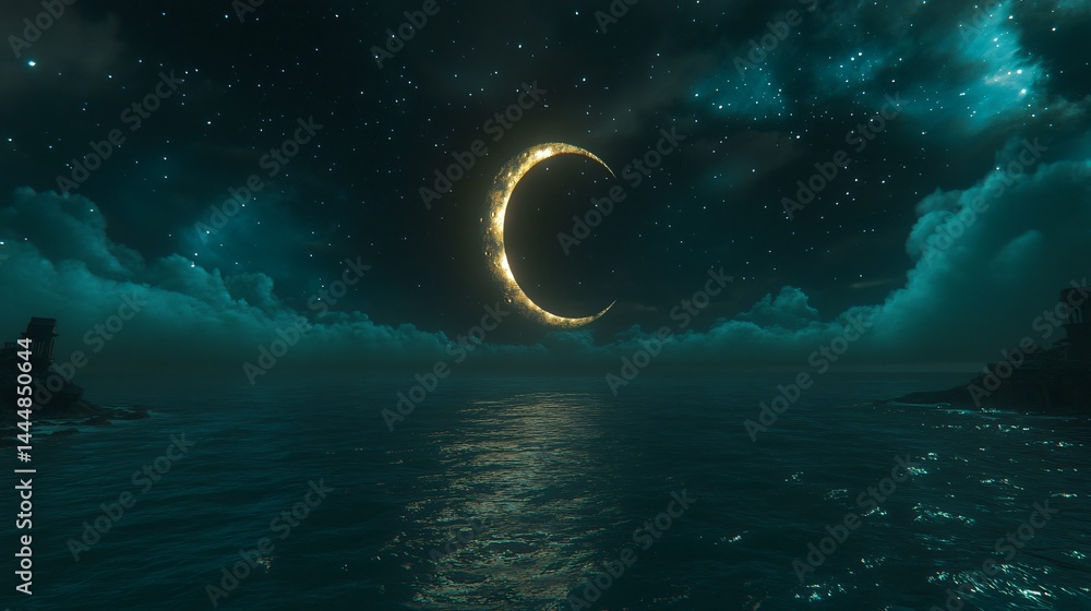 Poster night sky composition with glowing crescent moon and soft starlight made with generative ai technolo