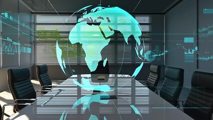 Modern conference room with digital globe overlay, showcasing global connectivity and technology - Powered by Adobe