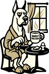 A Sleepy Dog Sits At Breakfast In A Robe With Coffee Showcasing Fatigue And Domestic Life