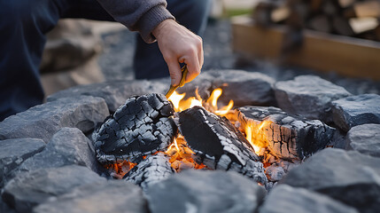 Person Tending to a Campfire with Charcoal and Flames