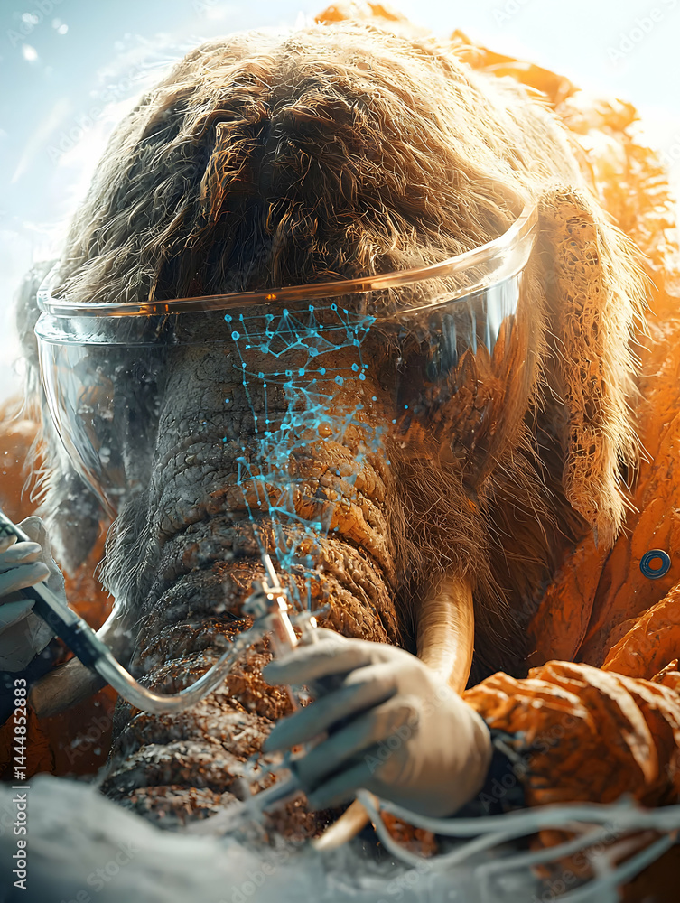 Aufkleber a surreal image depicting a mammoth in a lab setting. scientists are performing a procedure possibly