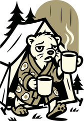 A Sleepy Cartoon Bear Emerges From A Tent In A Bathrobe Holding Two Mugs Of Steaming Coffee