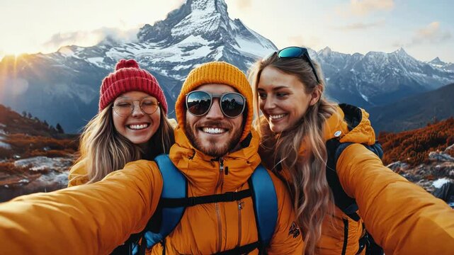 Three happy hikers wearing warm jackets and hats take selfie with snowy mountain peaks in bright outdoor autumn adventure while backpacking and hiking in snow covered landscape