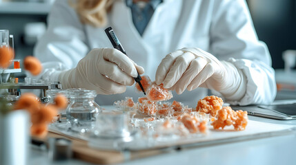 Scientist in lab coats with gloves analyzes samples. Examining a substance with marker potentially for research or analysis. Application in food science or medical investigation.