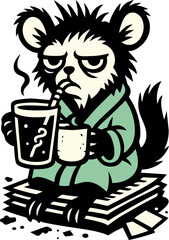 Cartoon Bear Perched Atop Papers Sips Beverage Looking Weary And Stressed In A Humorous Style