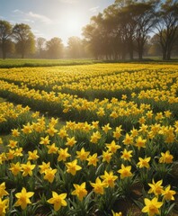 Fototapeta premium A carpet of cheerful yellow daffodils blankets a verdant field bathed in sunlight , flora, cheerful