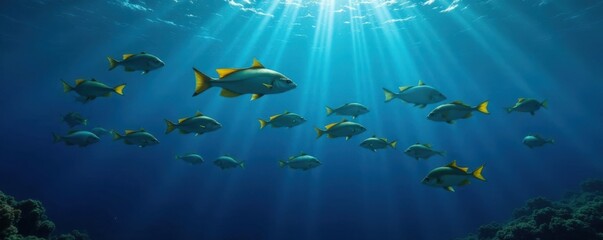 School of fish swimming in the dark blue ocean surface, water, ocean, aqua
